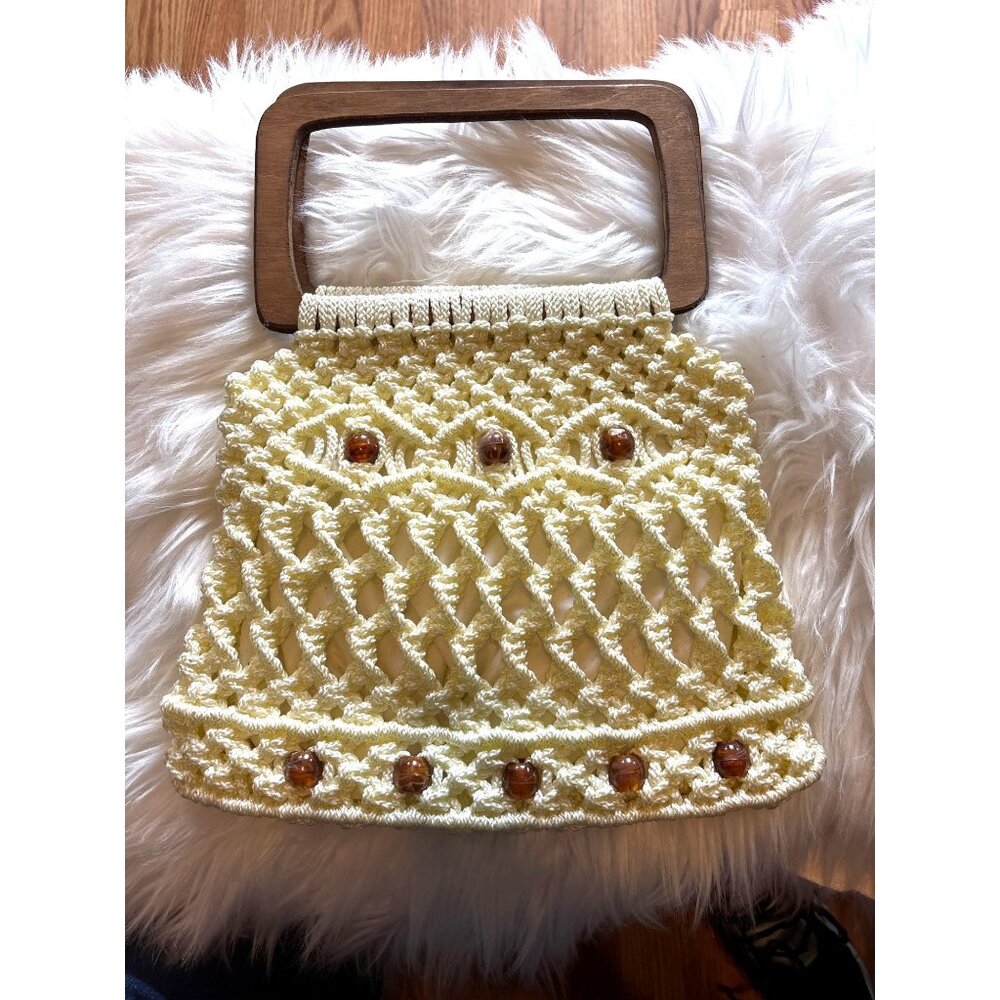 VTG 1970s Macrame Purse Wooden Handle, Beads Festival Boho Hippie Cottage Core